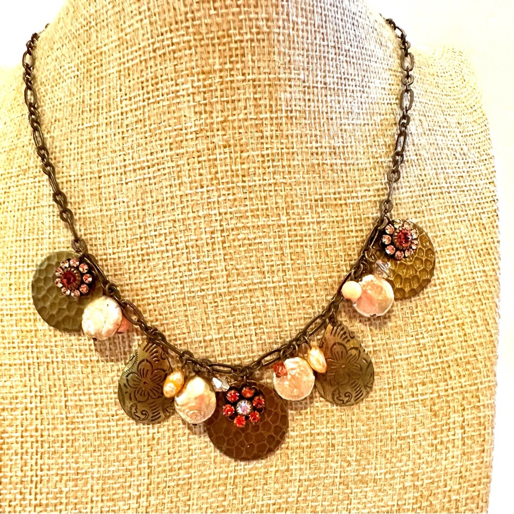 Liz Paiacios Necklace Vintage ant. gold/ bronze w/ Swarovski crystals, pearls
